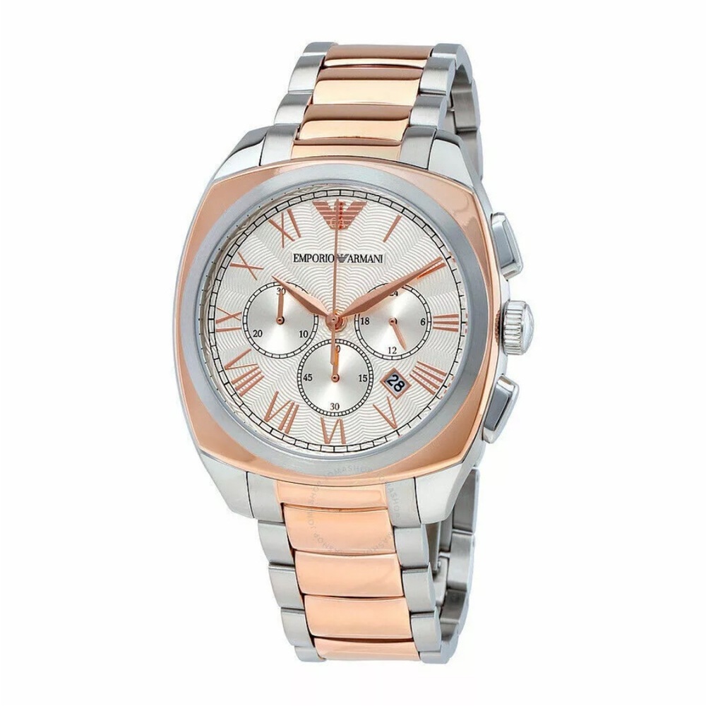 EMPORIO ARMANI DRESS SILVER ROSE GOLD CHRONOGRAPH MEN WATCH NEW AUTHENTIC